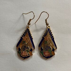 Vintage Blue Unicorn Gold Tone Cloisonne Dangle Earrings